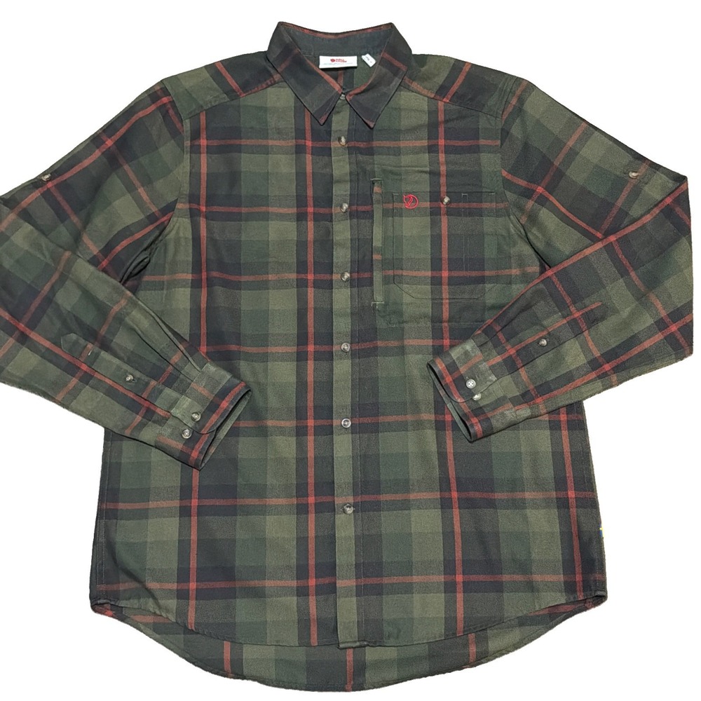 Fjallraven Fjallglim Shirt Mens Large Green Plaid Flannel Hiking Button Up 81380